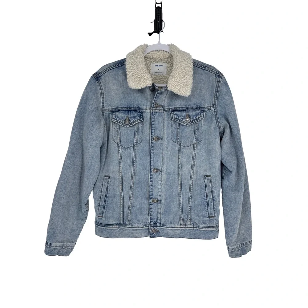 Old Navy Mens Sherpa Lined Denim Trucker Jacket Fall Winter Layering Rugged Sz M